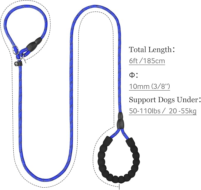 TagME 6ft Slip Dog Lead, No Pull Reflective Training Leash with Padded Handle, Professional Rope P-Leash for Small Medium Large Dogs, Heavy Duty Correction Lead for Walking & Training (Navy Blue)