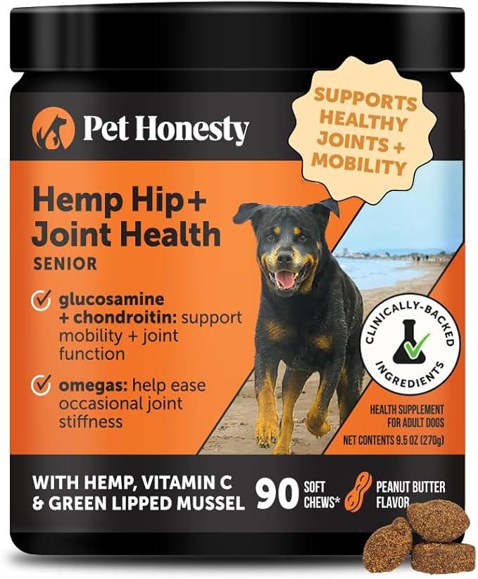 Senior Hemp Hip and Joint Supplement for Dogs - Glucosamine Chondroitin, MSM & Green Lipped Mussel - Relief for Joint Stiffness, Advanced Strength Mobility Support Senior Dogs (Peanut Butter, 90 Ct)