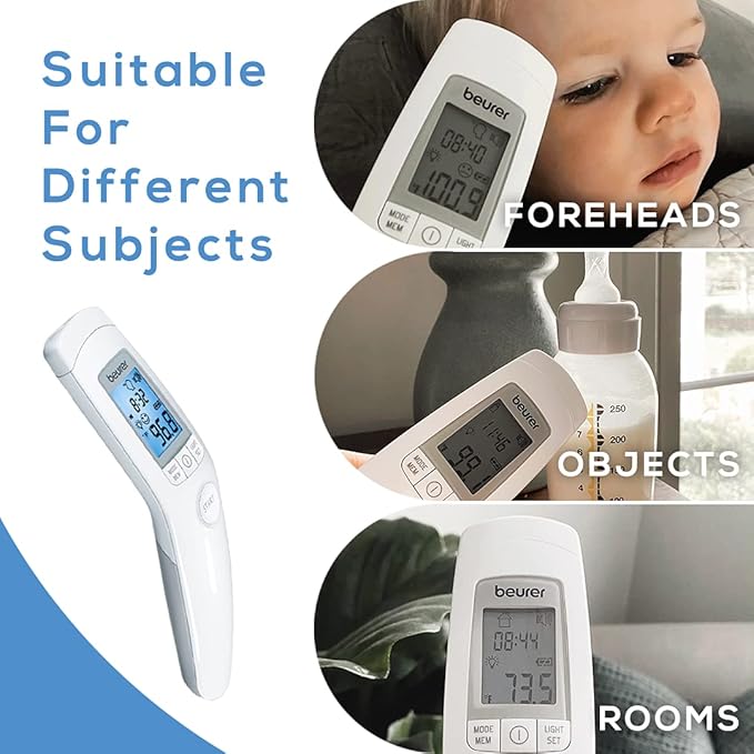 Beurer 3-in-1 Forehead Non-Contact, Body, Surface, Room Temperature, High Accuracy, Large Blue Backlit LCD Display Thermometer, 60 Memory Spaces, FT90 White, 32 Count (Pack of 1)