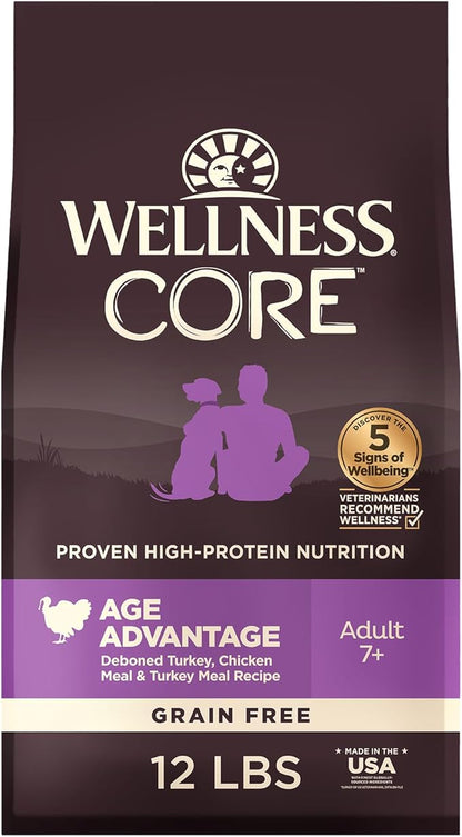 Wellness CORE Senior Dry Dog Food, Grain-Free, High Protein, Natural, Age Advantage Turkey & Chicken Recipe, (12-Pound Bag)