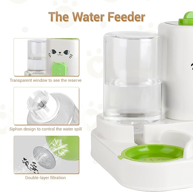 2-in-1 Gravity Pet Feeder & Water Dispenser for Cats Dogs - Large Capacity Cat Food Station with Water Bowl, Travel-Friendly (Green)