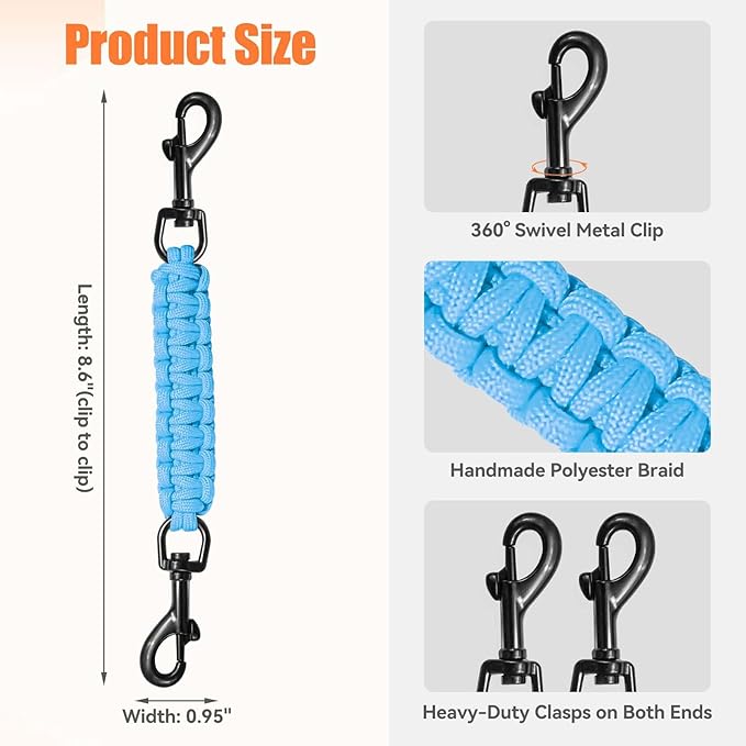 Dog Collar Safety Clip, Collar Companion, Handmade Backup Safety Strap, Double-Ended Clip Leash Connector, Suitable for Dog Harnesses, Prong, Pinch Collars (Sky Blue, 1 Pack)