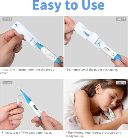 Bundle of Light Blue Oral Thermometers & Thermometer Covers Disposable - 100 pcs