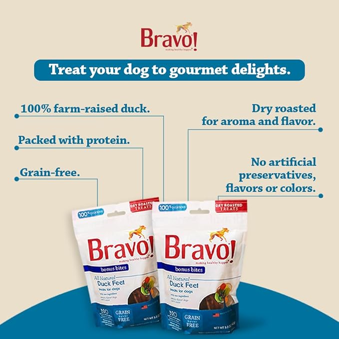 Bravo! Bonus Bites Single Ingredient Dry Roasted Duck Feet Dog Treats, 200 Count, High Protein, Grain Free, Gluten Free