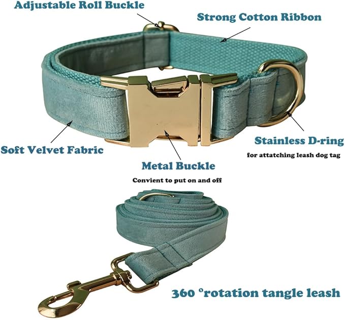 Love Dream Velvet Dog Collar and Leash Set, Soft & Comfy Adjustable Dog Leash and Collar with Heavy Duty Metal Buckle for Small Medium Large Dogs Training & Walking (Small, Light Green)
