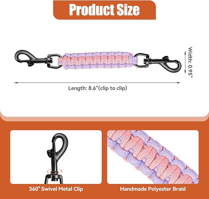 Dog Collar Safety Clip with Dual Clasps,Handmade Backup Safety Strap for Dog Harness, Collars and No Pull Harness Connectors (Pink & Light Purple)