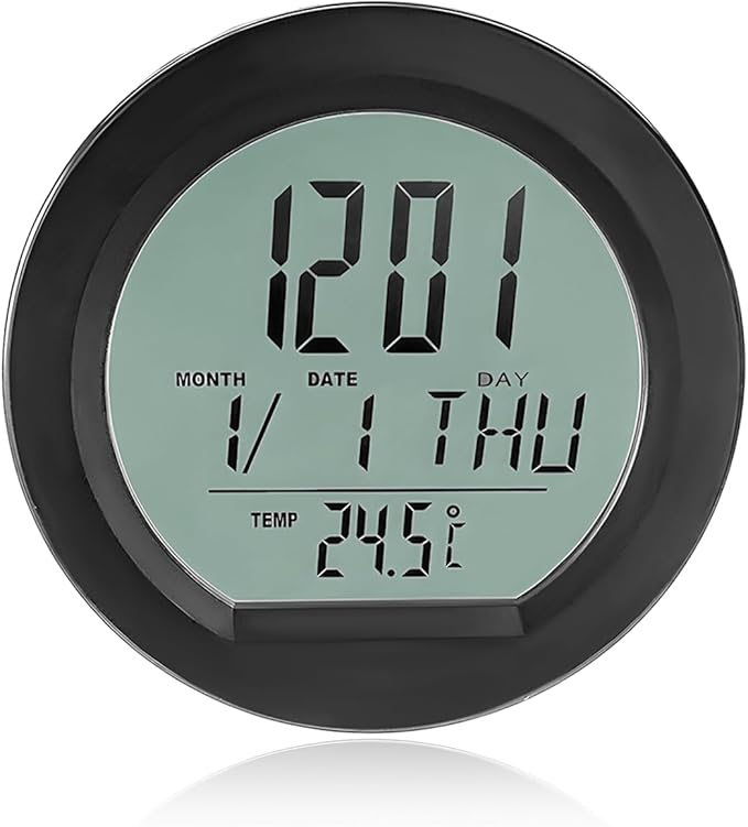 Car Digital Thermometer Clock, Battery Powered Mini Dashboard Clock with Date & 12/24 Hour Format Time, Adhesive LCD Display Watch with Backlight for Vehicle Office Home