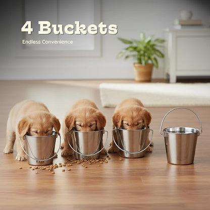 2 quart Heavy Duty Stainless Steel Round Bucket with Handle 4Pcs | 0.5gal Sturdy Food & Water Bowl for Small Birds Dog Cat & Livestock | Fits kennel Crate Cage Farm | Hanging Utility Pail