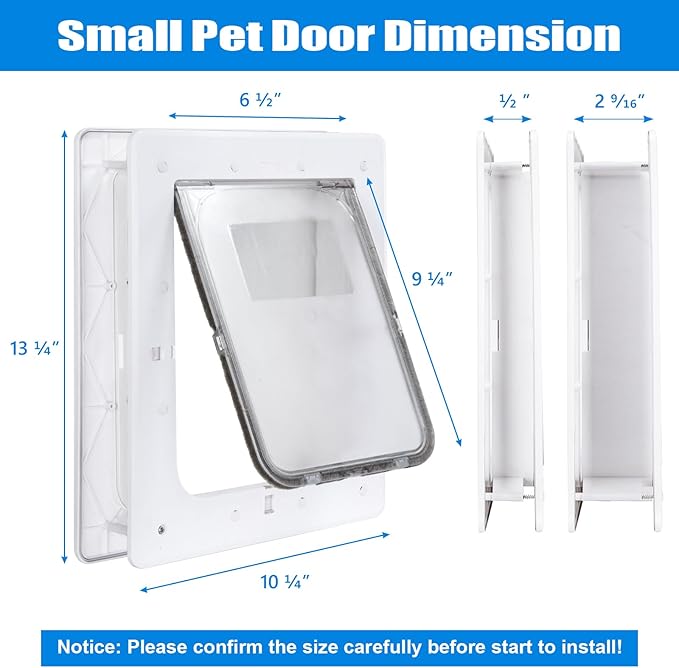 Pet Door, Durable Plastic Dog Door, 6.5”x 9.25” Inner Frame for Small Dog and Pets, Easy DIY Installation, Suitable for Interior and Exterior Doors, Screen and Wall, White Doggie Door