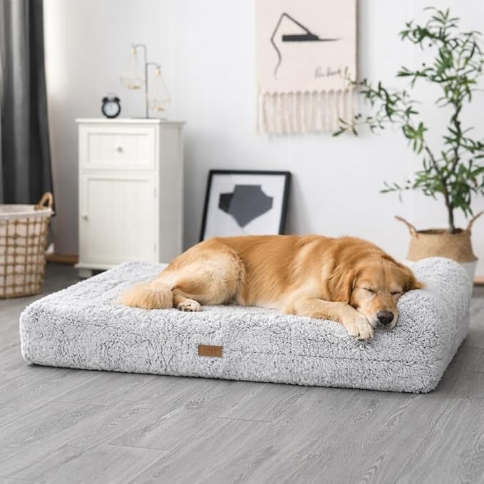 KOPEKS Orthopedic Memory Foam Dog Bed 7" Inch Thick Extra Large Dog Bed with Pillow Fluffy Grey 50"x34"x10" Includes Waterproof Liner & Durable Removable Cover with Smart Design