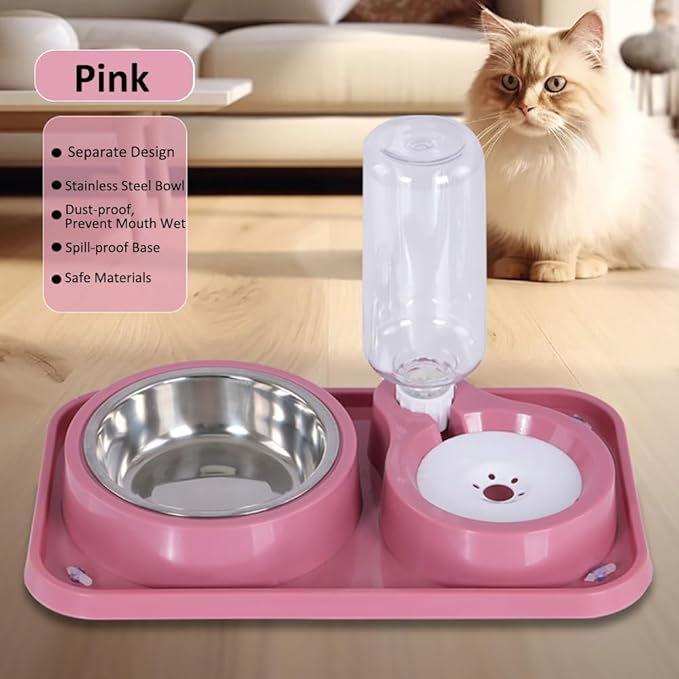 Dog Bowls, Non-Slip Puppy Cat Food and Water Bowl Set with Water Dispenser and Stainless Steel Bowl Detachable Gravity Pet Feeder and Waterer Set for Cats Dogs Puppy Rabbit (Pink, 500ML)