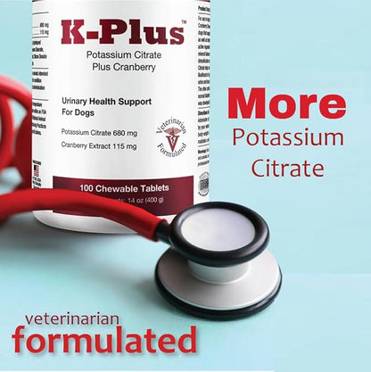 K-Plus Potassium Citrate Plus Cranberry Supplement for Dogs - UTI Remedy Chewable Tablets - Supports Bladder Health - For Every Dog Breed (100 Tabs)