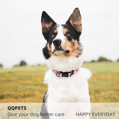 QQPETS Adjustable Soft Dog Collar: Print Flower Pink Multicolor Cute Patterns for XS Small Medium Large Pet Girl Boy Puppy Walking Running Training (L, Small Daisies)