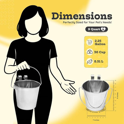 9 Quart Stainless Steel Flat Sided Bucket with Dual Hooks | 2 Pcs Food & Water Bowl for XL Dog Goat Cattle Horse & Livestock | Fits kennel Crate Cages Farm Hanging Pet Pail | Multipurpose
