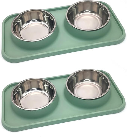 BNOSDM 2 Pcs Double Dog Food Bowls, Stainless Steel Small Dog Food and Water Bowls with Non-Spill Plastic Mat, Pet Cat Feeder Dish Set for Puppy Cats Kitten, Green