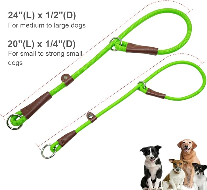MayPaw Slip Collar Nylon Rope Choke Collar for Dog Training- No Pull Round Martingale Dog Collars for Medium Large Dogs (24" x 1/2", Green)