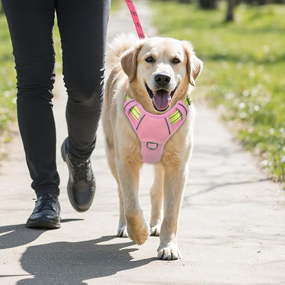 BARKBAY No Pull Dog Harness Large Reflective Dog Harness with Front Clip and Easy Control Handle for Walking Training Running with ID tag Pocket(Baby Pink & Sunlight,M)