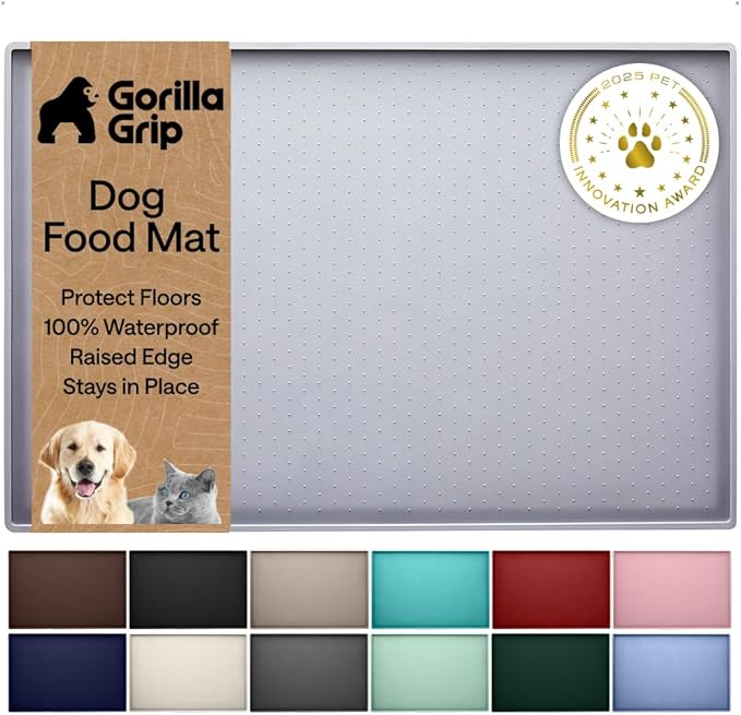 GORILLA GRIP 100% Waterproof Raised Edge BPA Free Silicone Pet Feeding Mat, Dog Cat Food Mats Contain Spills Protects Floors, Placemats for Cats, Dogs Water Bowl, Pets Accessories 16x10, Light Gray