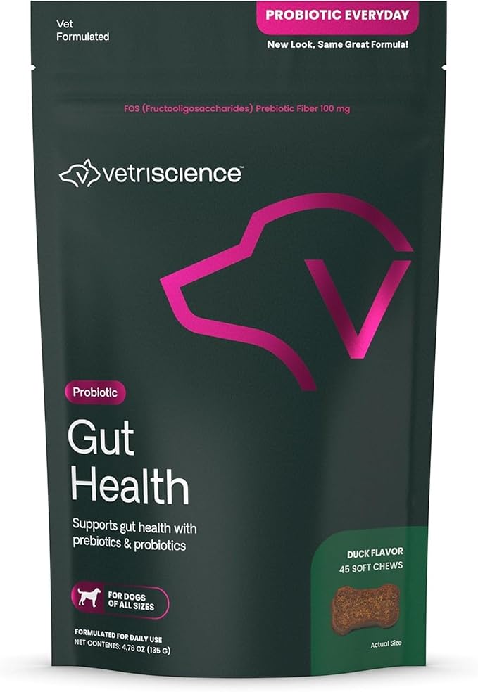 VetriScience Gut Health Chews, Probiotic Everyday Digestive Supplement for Dogs, Pet Probiotics for Digestion Support, Gas and Diarrhea, Immune Support, 1 Billion CFU Per Chew, Duck, 45 Count