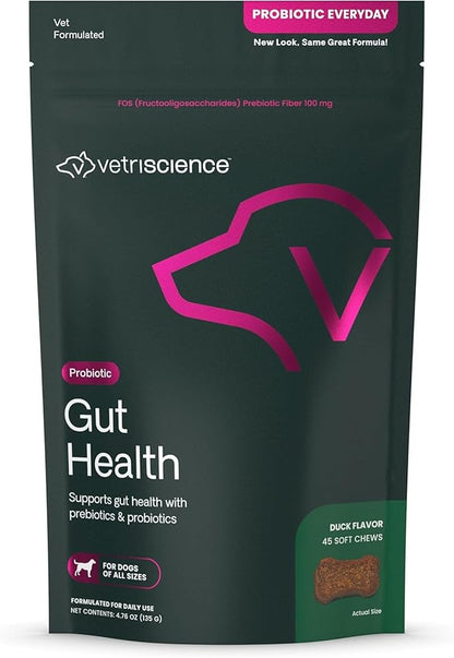 VetriScience Gut Health Chews, Probiotic Everyday Digestive Supplement for Dogs, Pet Probiotics for Digestion Support, Gas and Diarrhea, Immune Support, 1 Billion CFU Per Chew, Duck, 45 Count