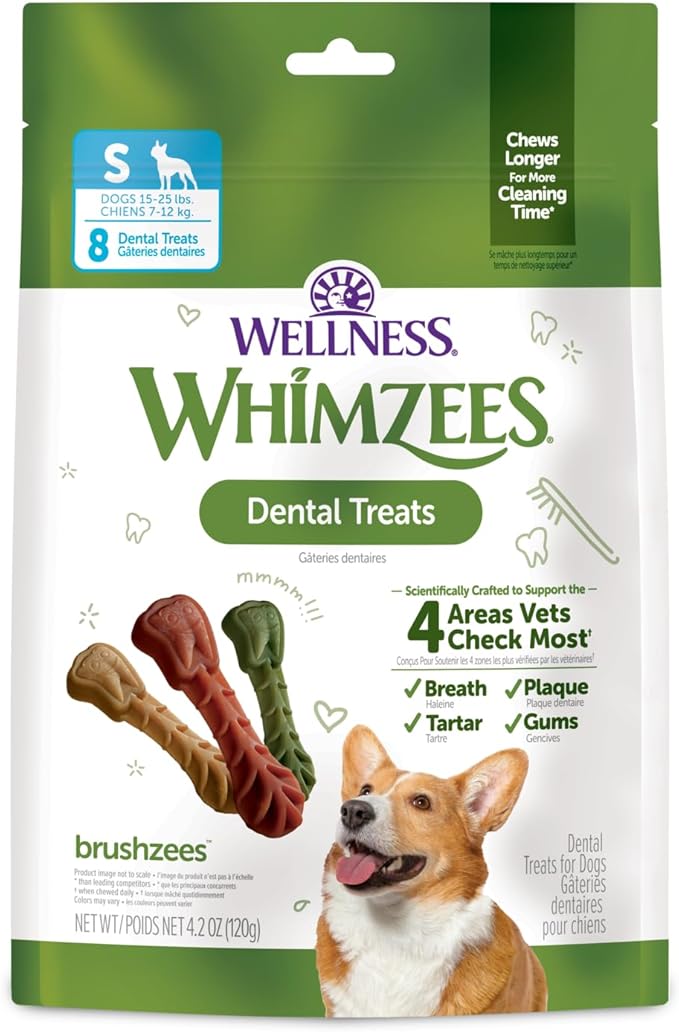 Whimzees Wellness Brushzees Dog Dental Treat, VOHC Accepted Chews, Freshens Breath, Small Size, 4.2 oz Bag, 8 Count