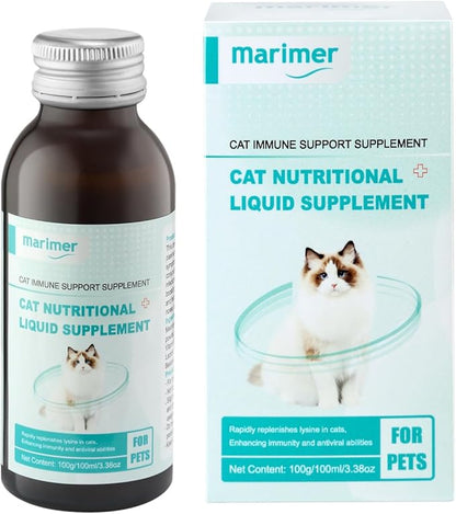 MARIMER Cat Immune Support Liquid Supplement – L-Lysine & Astragalus – Enhances Immunity and Relieves Feline Herpes Symptoms – Nutritional 3.38oz (100ml) for Cats of All Ages