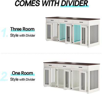 Dog Crate Furniture - Indoor Wooden Dog Kennel Crate Furniture with 2 Dividers, 3 Drawers, and 3 Lockable Doors, 72"x23.6"x31.5"H, White