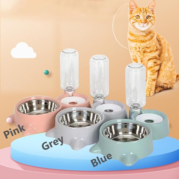 Dog Bowls, Puppy Cat Food and Water Bowl Set with Water Dispenser and Stainless Steel Bowl Detachable Gravity Pet Feeder and Waterer Set for Cats Dogs Puppy Rabbit (Blue)
