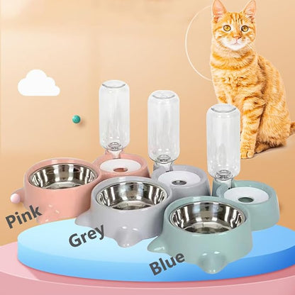Dog Bowls, Puppy Cat Food and Water Bowl Set with Water Dispenser and Stainless Steel Bowl Detachable Gravity Pet Feeder and Waterer Set for Cats Dogs Puppy Rabbit (Blue)