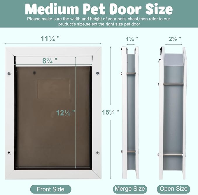 Durable Aluminum Doggy Door - Medium, White, Easy to Install for Middle Dogs & Pets (Adjustable Thickness, M)