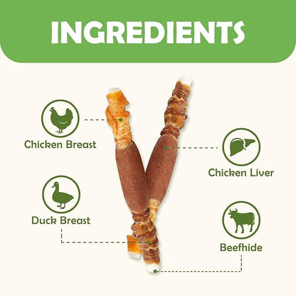 MON2SUN Dog Treats, Triple Flavor 5 Inch Chicken Liver Duck and Chicken Wrapped Rawhide Snacks for Small and Medium Dogs, 21.16 Oz (30 Count-Pack of 1)