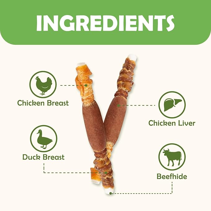 MON2SUN Dog Treats, Triple Flavor 5 Inch Chicken Liver Duck and Chicken Wrapped Rawhide Snacks for Small and Medium Dogs, 21.16 Oz (30 Count-Pack of 2)