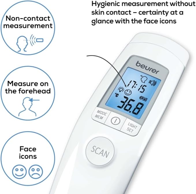 Beurer 3-in-1 Forehead Non-Contact, Body, Surface, Room Temperature, High Accuracy, Large Blue Backlit LCD Display Thermometer, 60 Memory Spaces, FT90 White, 32 Count (Pack of 1)