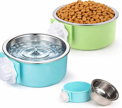 HERCOCCI 2 Pack Dog Crate Bowls, Hanging Removable Stainless Steel Food and Water Bowls for Puppies, Small Dogs, Cats, Rabbits & Ferrets (Blue, Green)