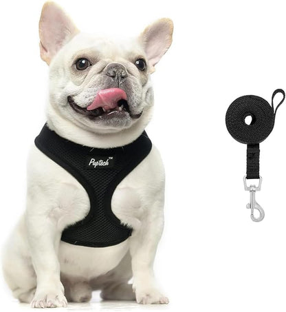 PUPTECK Soft Mesh Dog Harness and Leash Set Pet Puppy Cat Comfort Padded Vest No Pull Harnesses, Solid Black, L