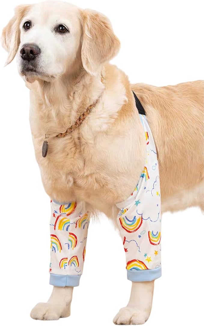 HDKUW Dog Elbow Protector, Dog Front Leg Recovery Sleeve for Prevent Licking Wound, Elbow Sleeves with Mesh Pad for Medium Large Dogs Rainbow L