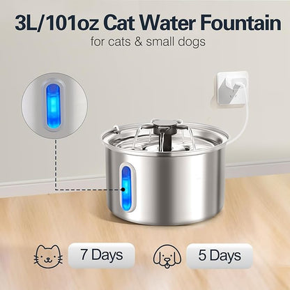 3L/101oz Stainless Steel Cat Water Fountain for Indoor Use - Ultra Quiet Automatic Cat Fountain for Drinking, Pet Water Foutain for Cat with LED Window, Easy to Clean (8 Filters & 8 Sponges)