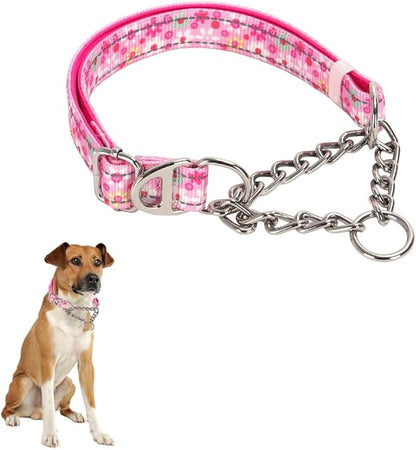 Reflective Martingale Collar for Dogs with Steel Chain, Adjustable No Pull Dog Training with Soft Padded for Large Breed Dogs, Medium, XL, XXL Walking Collar,Pink L