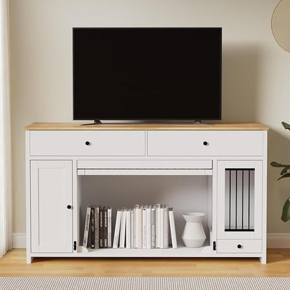 63" Dog Crate Furniture with 2 Drawers & Cabinets, Heavy Duty Wooden Dog Kennel TV Stand for Medium/Large Dogs, Dog Kennel Indoor Dog Cage with Storage, Decorative Pet Crate Sideboard, White