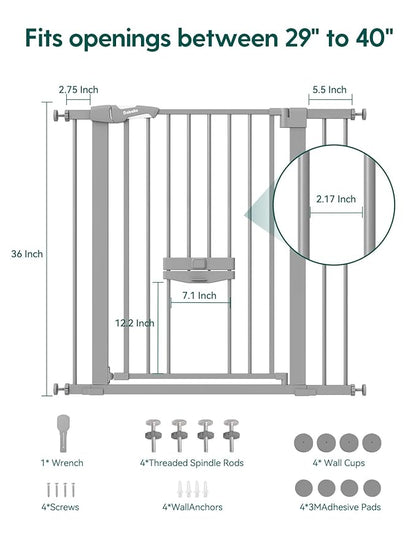 BABELIO 36 Inch Extra Tall Baby Gate with Cat Door, 29-40" Metal Pet Door for Stairs, Doorways, House, Auto Close, Easy Walk Thru, Gray