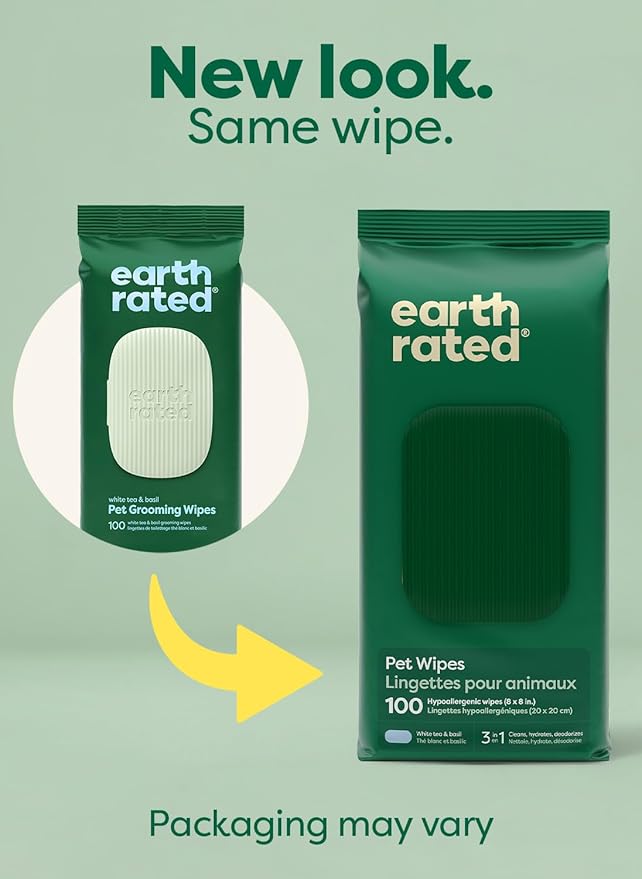 Earth Rated Pet Wipes for Dogs and Cats, Hypoallergenic, 3-in-1 Cleaning, Deodorizing and Hydrating, for Grooming Paws, Body and Butt, New White Tea and Basil Scent, 100 Count