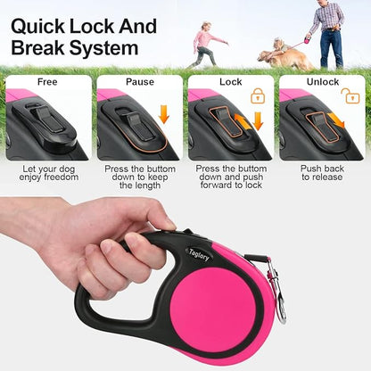 Taglory Retractable Dog Leash, 16ft No Tangle Leash Retractable for Small Medium Dogs Up to 44 lbs, One-Handed Brake, Pause, Lock, Pink