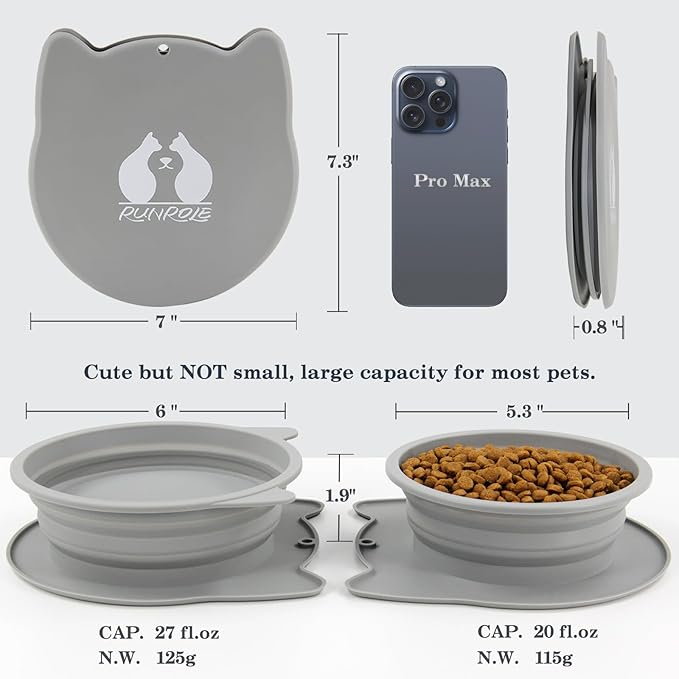 RUNROLE 2-in-1 Collapsible Silicone Dog Travel Bowls, Slot Together and Use Separately, Portable Pet Food Water Bowls, Foldable Cat Feeding Watering Dishes, 20OZ+27OZ(Cool Grey)
