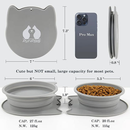RUNROLE 2-in-1 Collapsible Silicone Dog Travel Bowls, Slot Together and Use Separately, Portable Pet Food Water Bowls, Foldable Cat Feeding Watering Dishes, 20OZ+27OZ(Cool Grey)