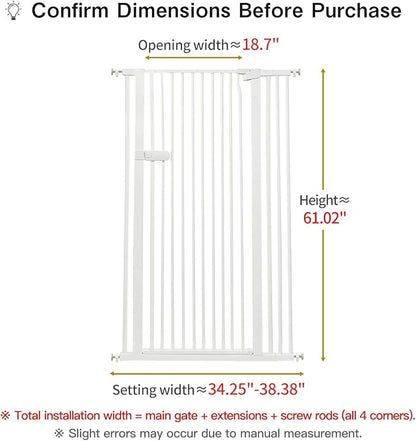 Lumizone Extra Tall Cat Gate 61.02" High Pressure Mounted Extra Wide 2025 New (17 Sizes) 1.37" Gap No Drilling Auto-Close One-Handed Operation Tall Pet Gate for Dogs(White, 61.02" H x 34.25"-38.38" W)