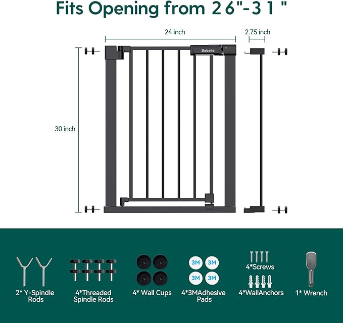 Babelio Baby Gate for Doorways and Stairs, 26-31" Pet Gate with Wide Walk Thru Door and Lock Indicator, No Drill Pressure Mounted Safety Gate with Double Lock and Self-Closing, Black