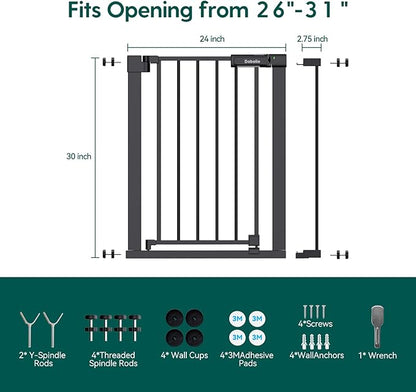 Babelio Baby Gate for Doorways and Stairs, 26-31" Pet Gate with Wide Walk Thru Door and Lock Indicator, No Drill Pressure Mounted Safety Gate with Double Lock and Self-Closing, Black