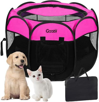 GOOZII Pet Cat Playpen for Indoor Cats Enclosed, Portable Foldable Dog Playpen Outdoor Tent Crate Cage with Zipper Top Cover Door for Kitten Puppy Outside Rv Car Camper (Small Size, Pink)