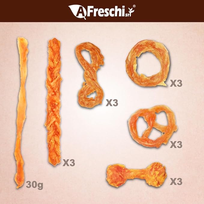 A Freschi srl Turkey Tendons for Dogs, USA-Sourced, Healthy Dog Treats, Rawhide-Free Puppy Chews, Long Lasting, All Natural, Hypoallergenic Dog Treats for Small Breeds, 8 oz Pack Variety (S)