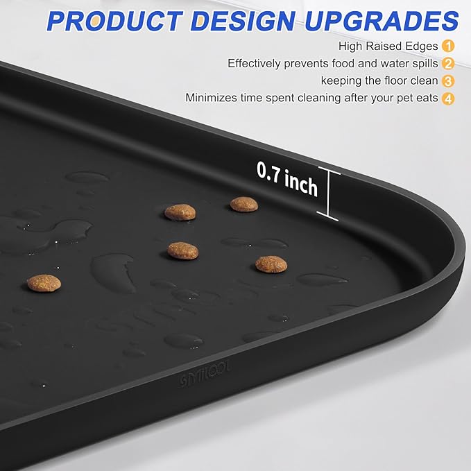 SMILOOL Silicone Pet Feeding Mat with Raised Edge for Food and Water, Dog Bowl Mats, Cat Bowls Placemat with High Lip for Floor Waterproof, Rubber Tray for Cats and Dogs 19 x 12 x0.7 Black
